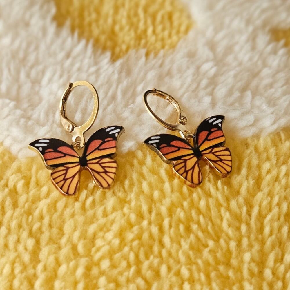 Boutique Gold Tone Orange Butterfly Huggie Dangle Earrings Small